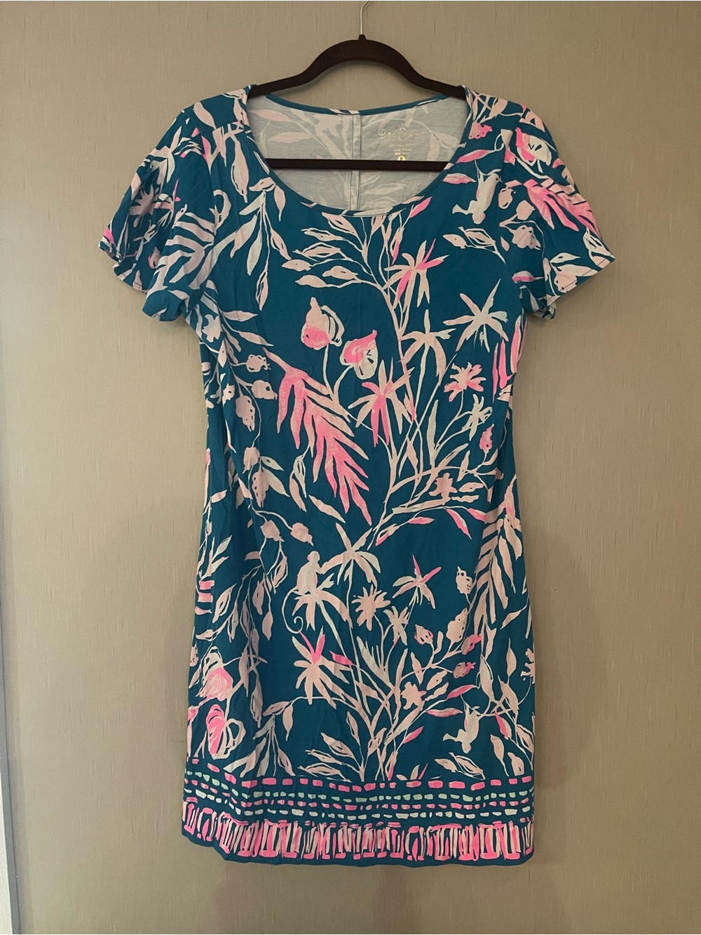 Lilly Pulitzer large Teal blue pink Floral Short Sleeve Dress Pima cotton
